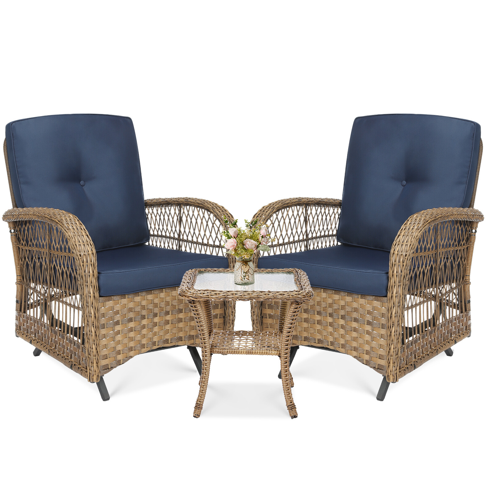 3-Piece Outdoor Conversation Bistro Set, Patio Glider Rocking Chairs Rattan Sets