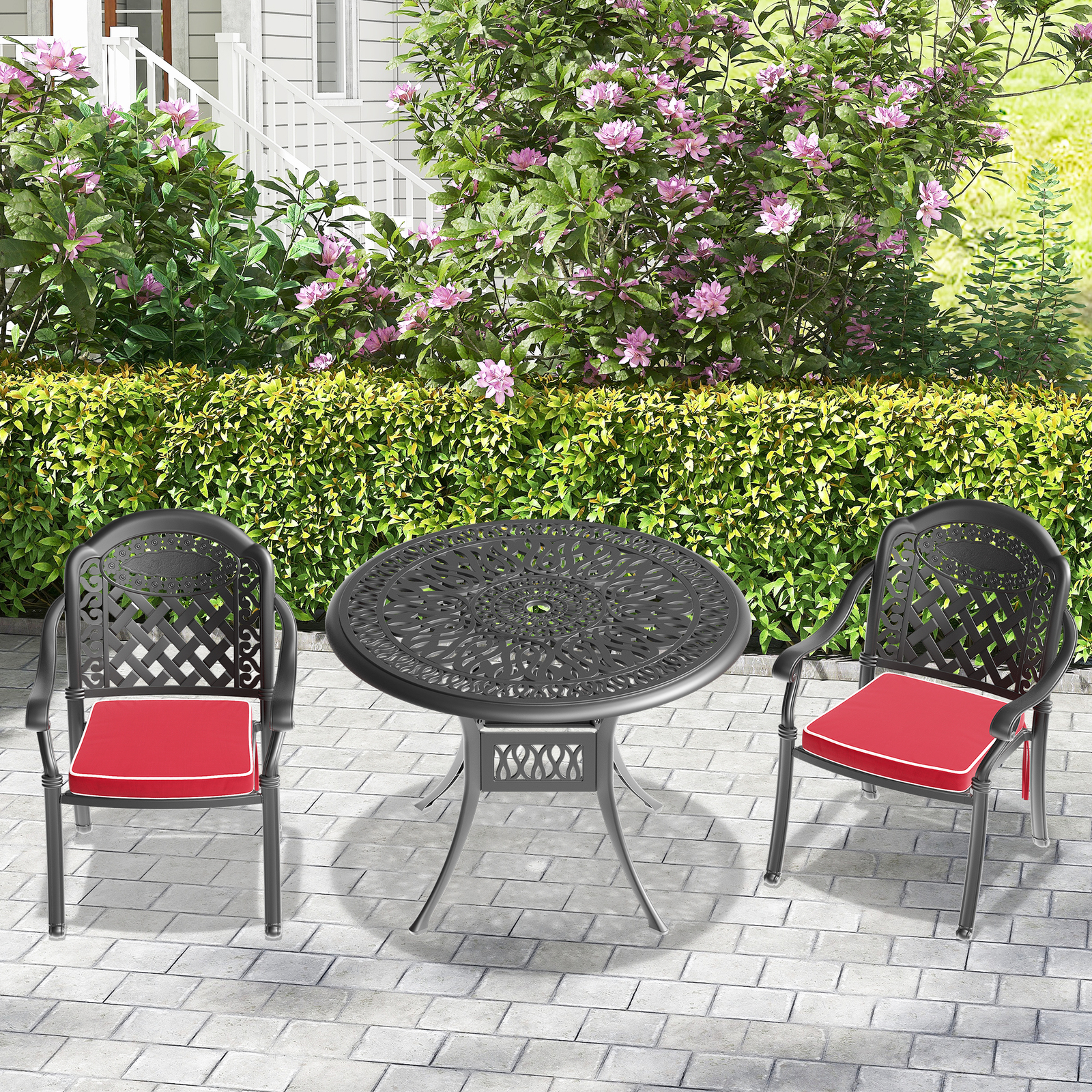 3Pieces Outdoor Dining Set Patio Bistro Set 35.43”Round Table Set Umbrella Hole