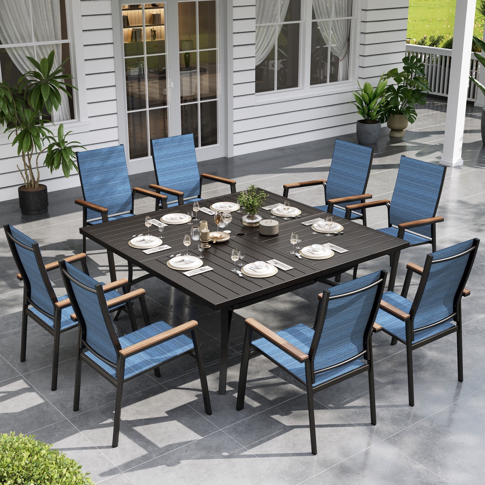 9PCS Outdoor Dining Set Patio Table Chairs Set Square Table with Umbrella Hole
