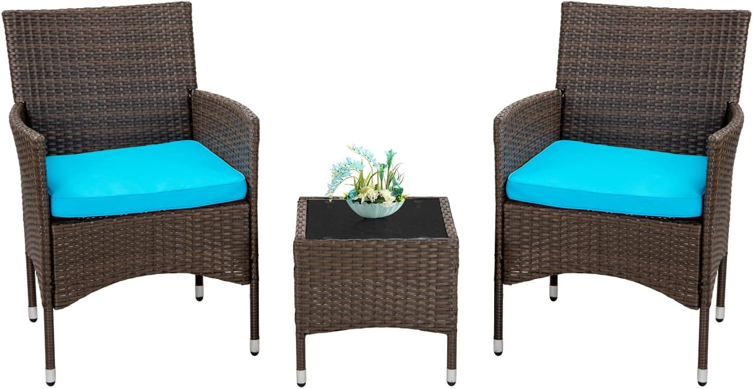 3-Piece Wicker Bistro Set with Blue Cushions for Patio, Yard, and Balcony