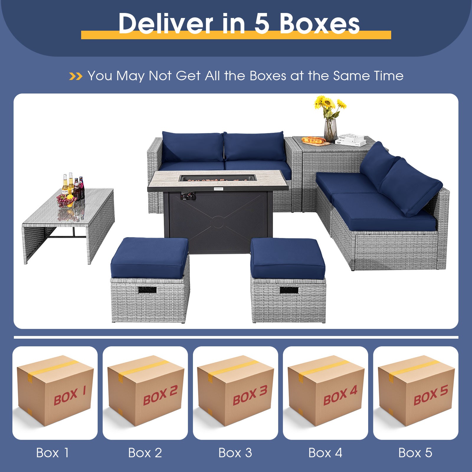 9 Pcs Patio Furniture Set 42 In 60000 BTU Fire Pit Navy Wicker Sofa Sectional