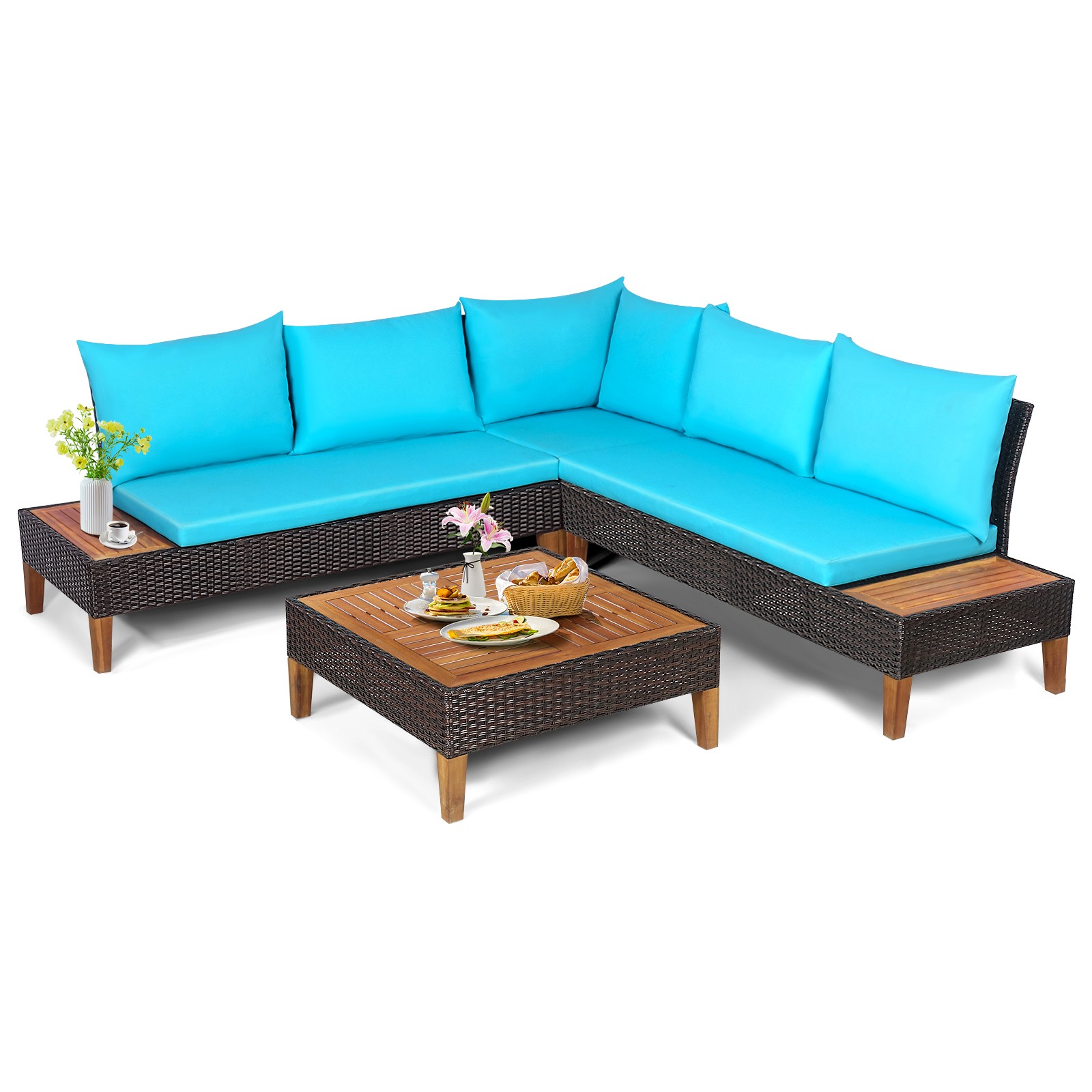 Patio 4PCS Cushioned Lovesea Rattan Furniture Set t w/Wooden Side Table