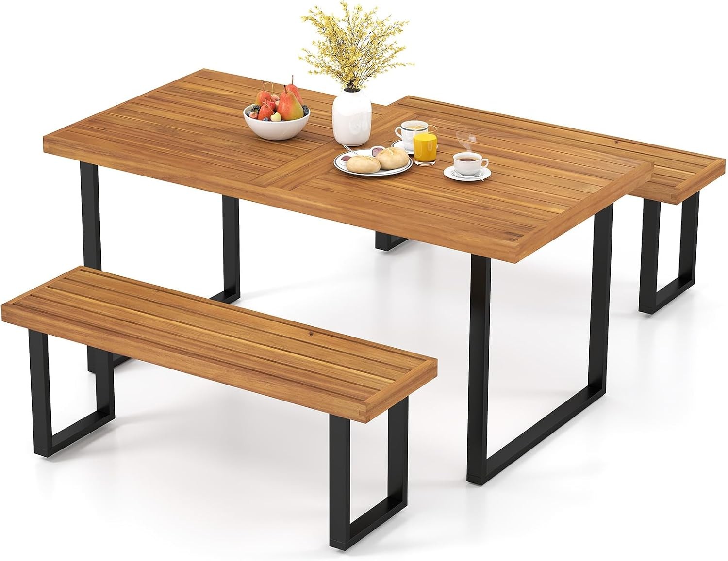 3 Pieces Patio Dining Table Set 63” Rectangle Acacia Wood Table