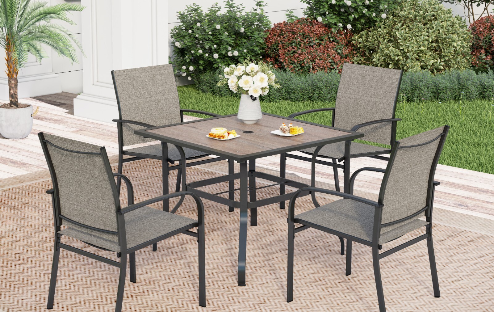 5 Piece Outdoor Patio Dining Set 37″ Square Table with Umbrella Hole 4 Chairs