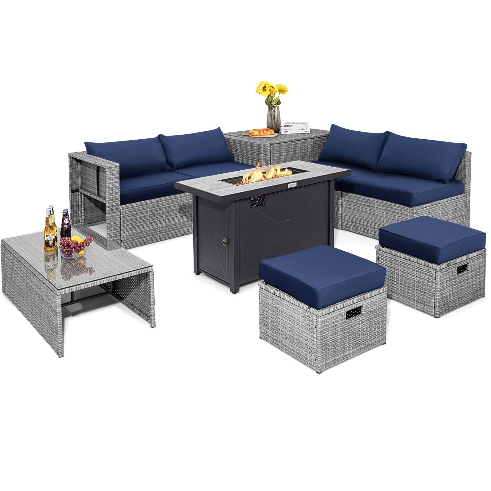 9 Pcs Patio Furniture Set 42 In 60000 BTU Fire Pit Navy Wicker Sofa Sectional