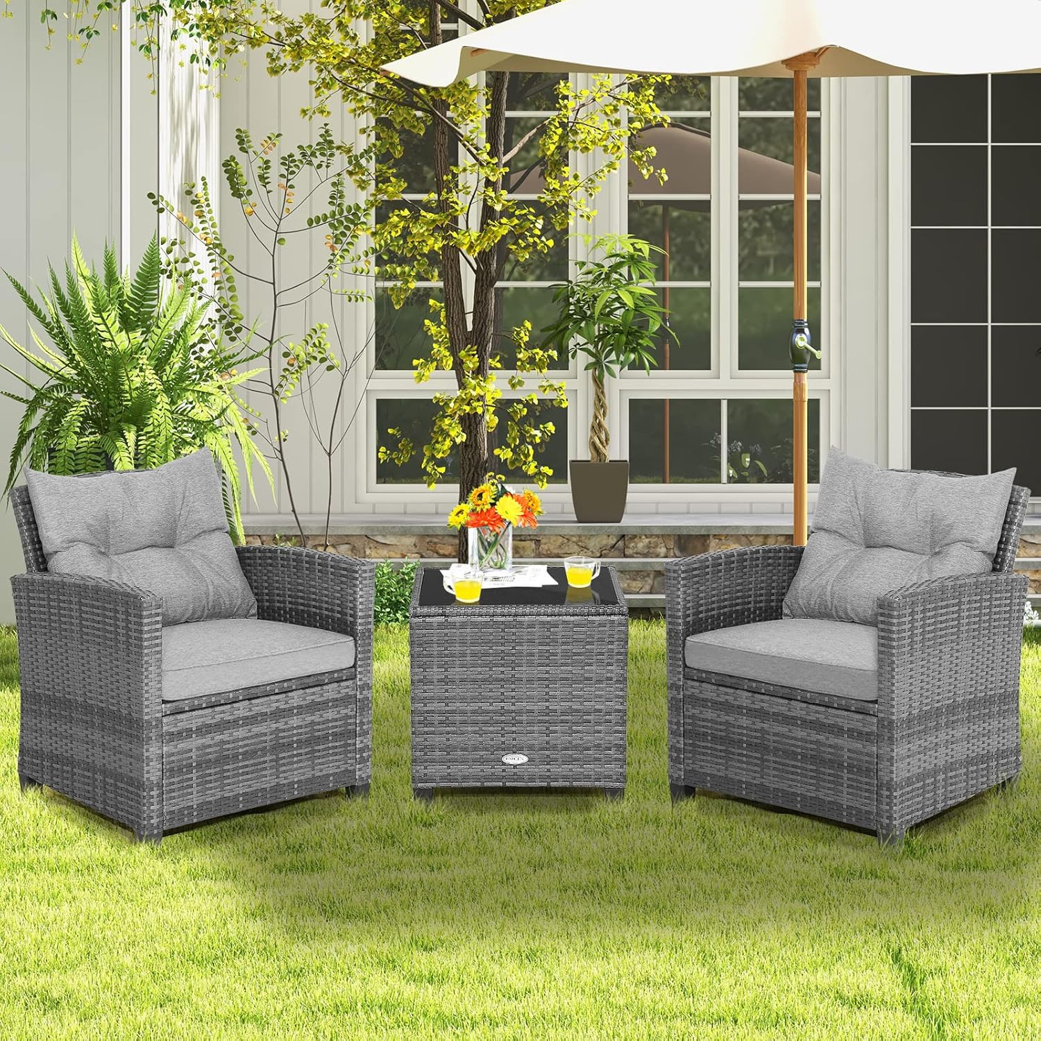 3-Piece Patio Furniture Set, Outdoor Wicker Rattan Sofa with Cushions, Coffee Ta