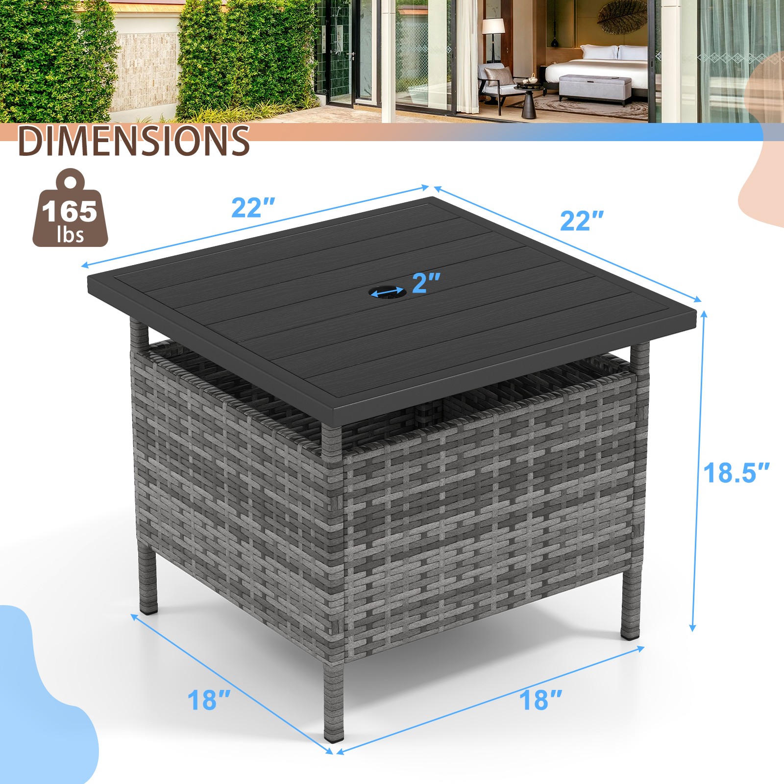 22″ Patio Rattan Square Side End Table Garden Bistro Umbrella Stand Table W/Hole