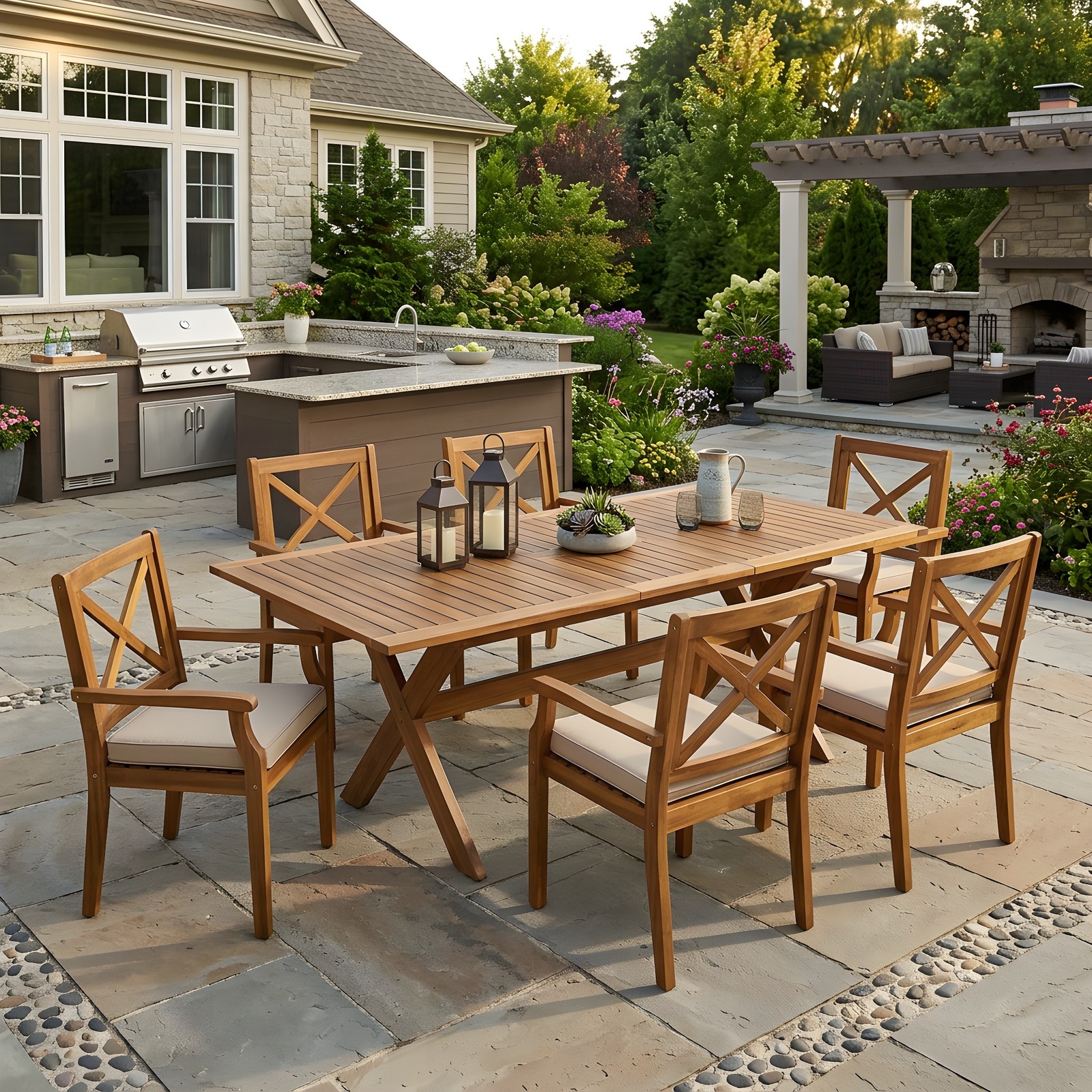 7-Piece Acacia Wood Outdoor Dining Set with Cream Cushions, 6 Chairs 1 Table