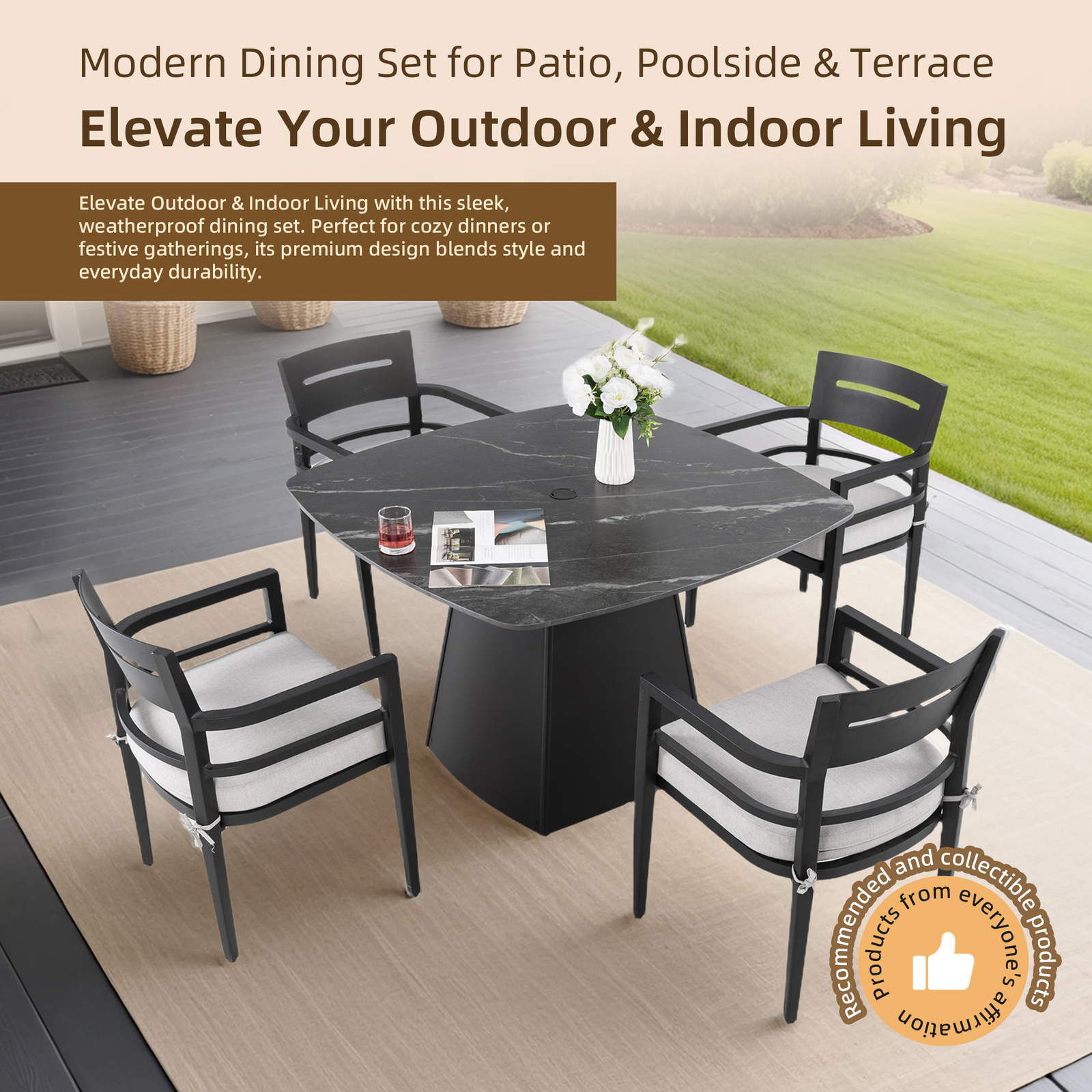 5Piece Patio Dining Set 44″Round Square Sintered Stone Table 4 Outdoor Armchairs
