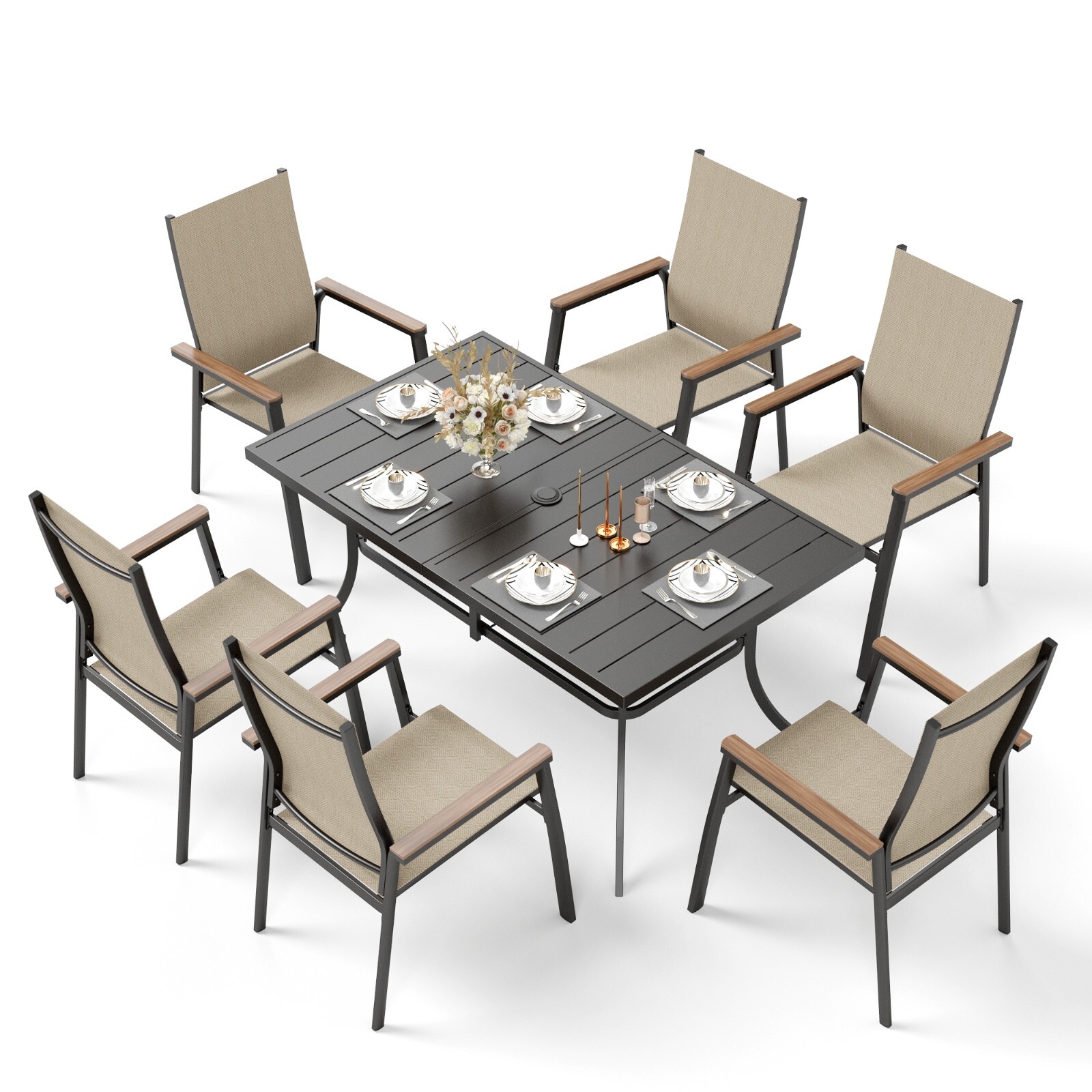 7 Piece Patio Dining Furniture Set Outdoor Table Chairs Set Stackable Chairs