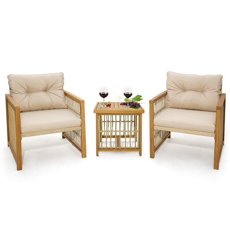 3 Pieces Patio PE Wicker Conversation Set W/ Acacia Wood Frame & Beige Cushion