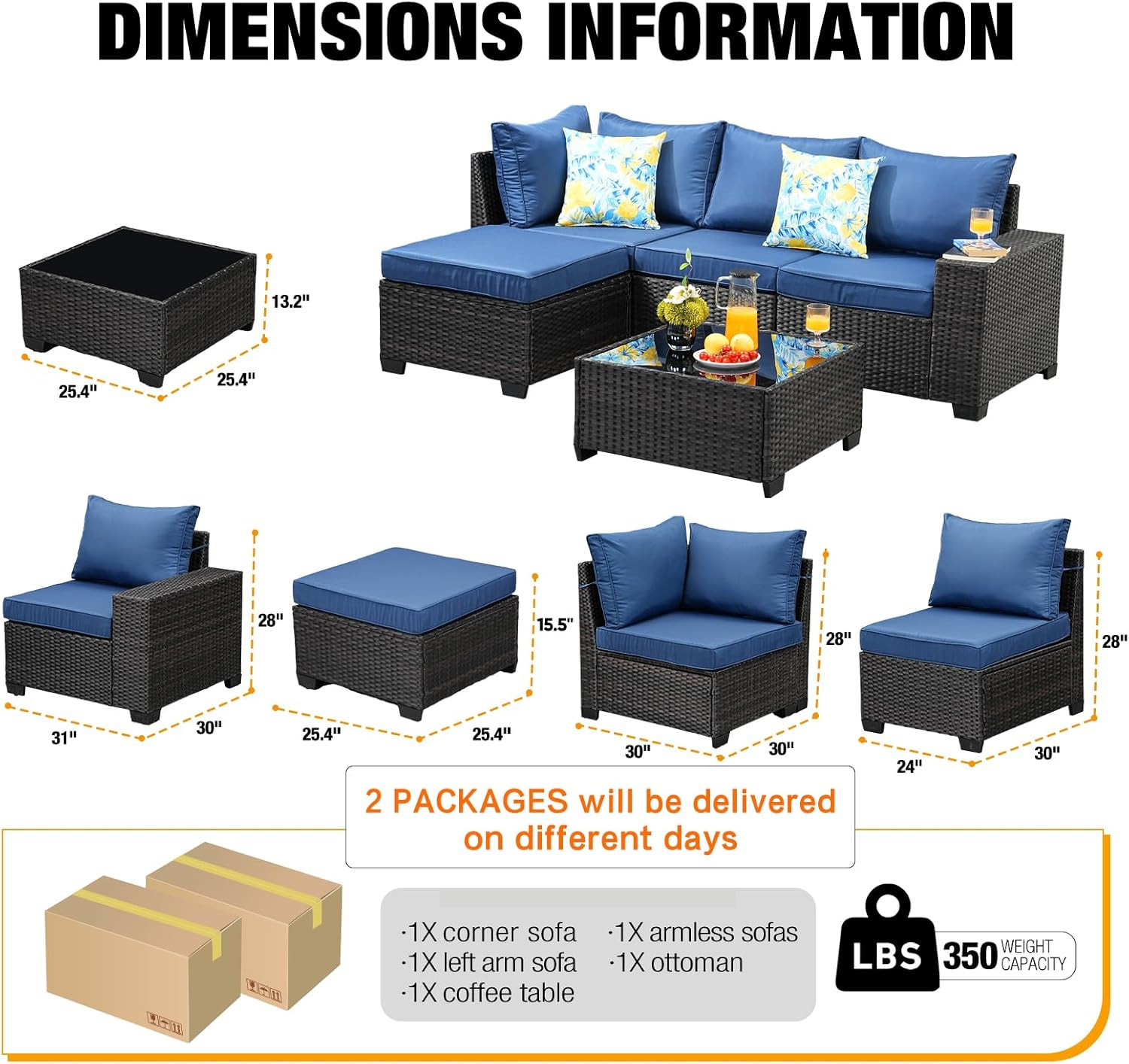 5 Pieces Patio Furniture Set All-Weather Outdoor Wicker Sectional Conversation S