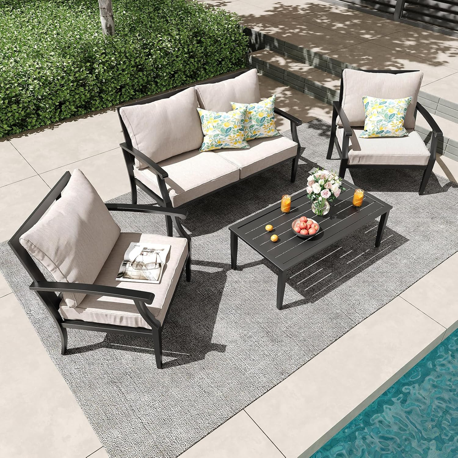 4 Piece Outdoor Patio Furniture Set, Oversized Metal Conversation Set with High