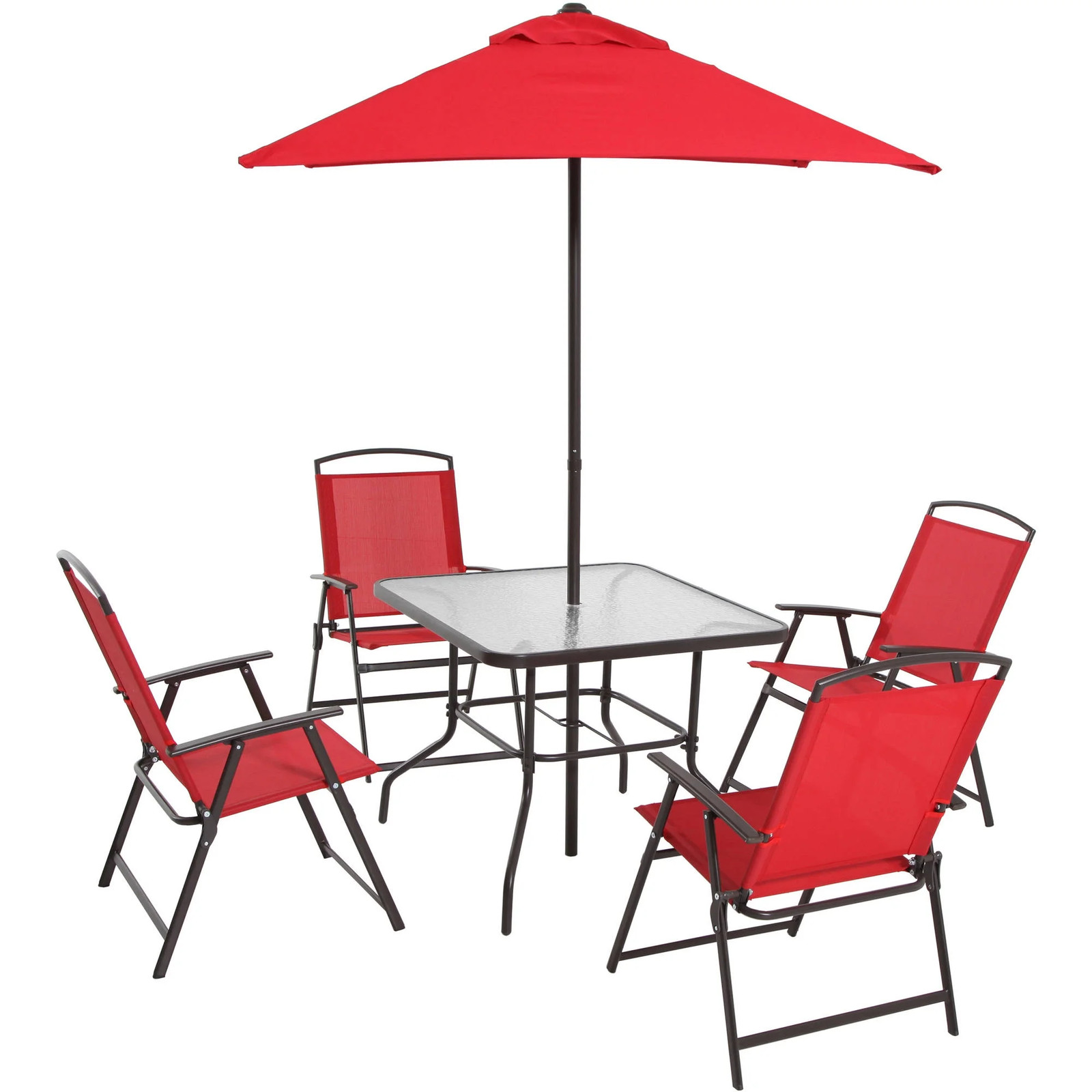 Albany Lane 6pc Steel Patio Dining Set w/ Umbrella Red Outdoor Furniture