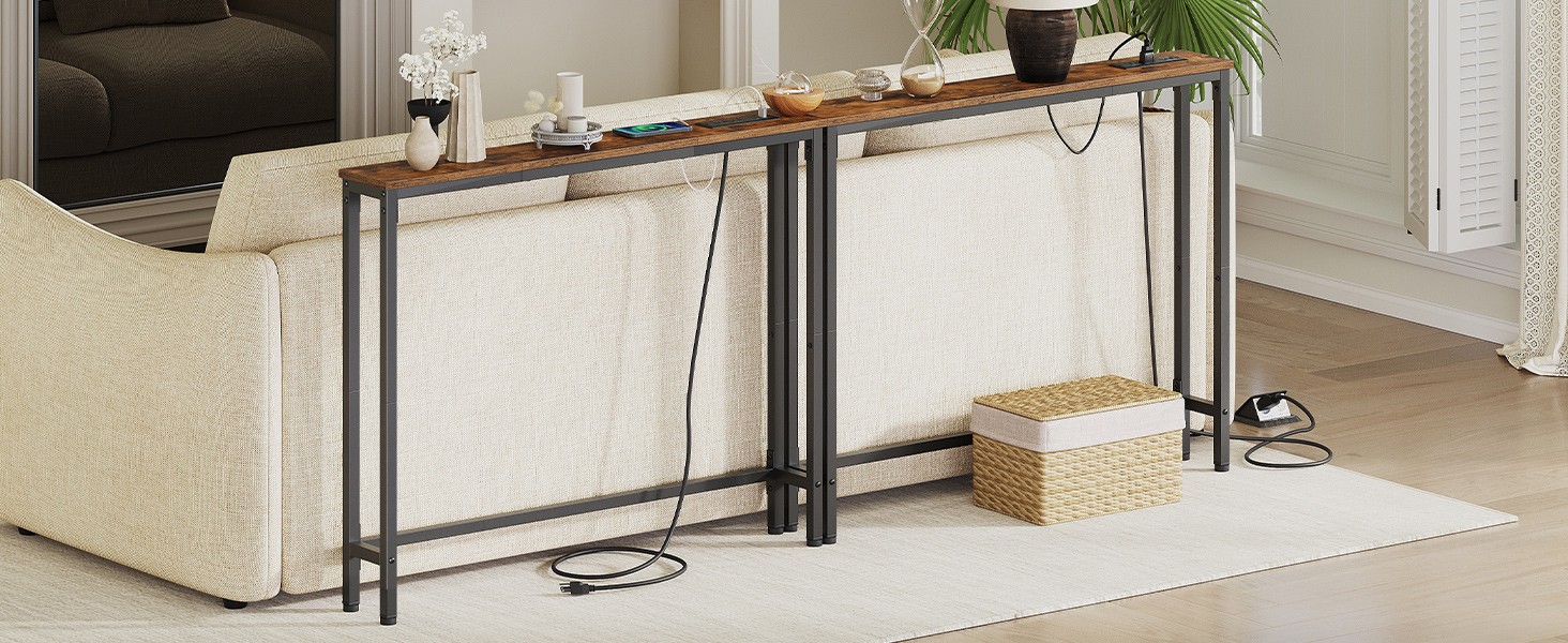 39.4 Inch Narrow Console Table with Power Outlets, 5.9 Inch Sofa
