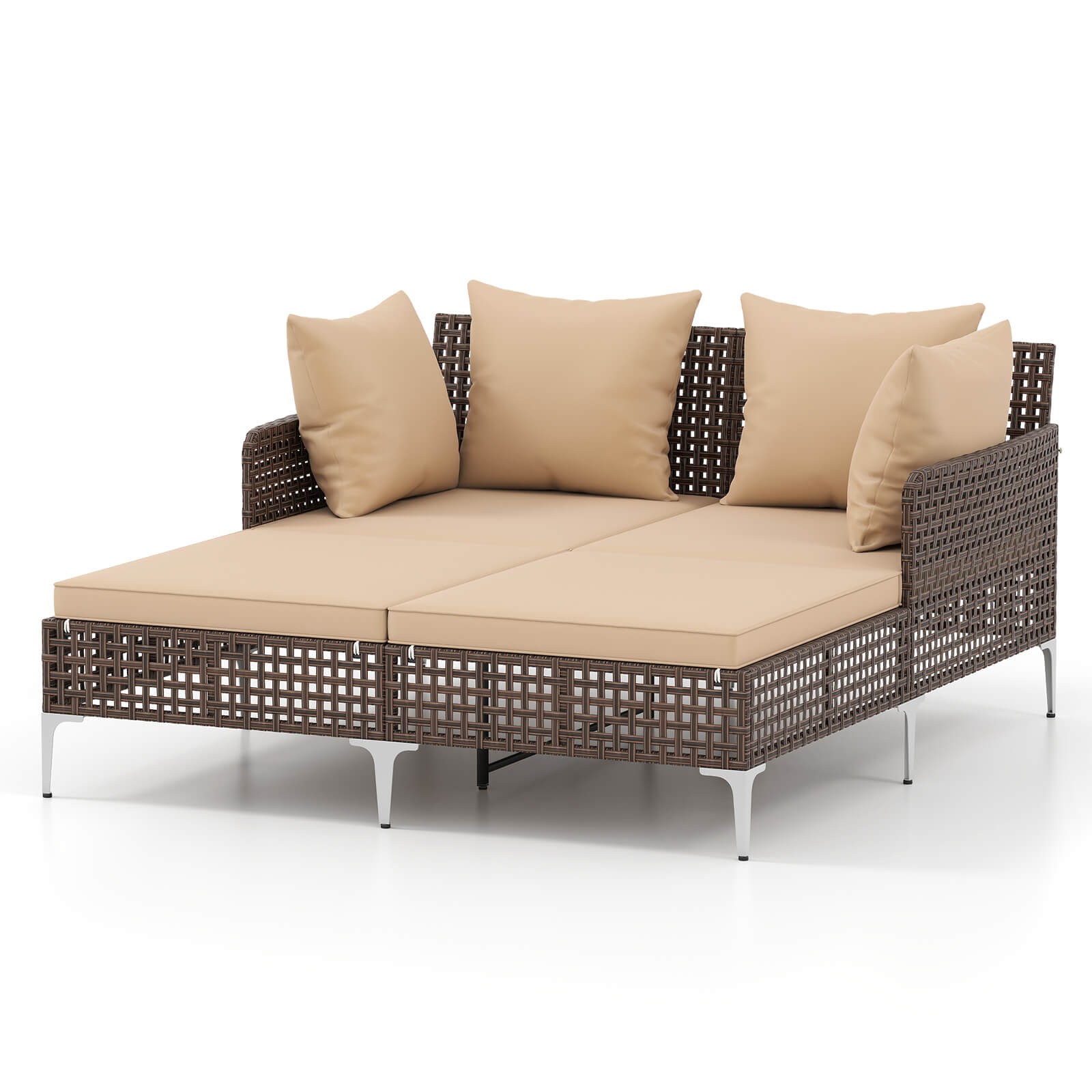 Outdoor Patio Daybed PE Rattan Sunbed with Sponged-Filled Pillows and Cushions