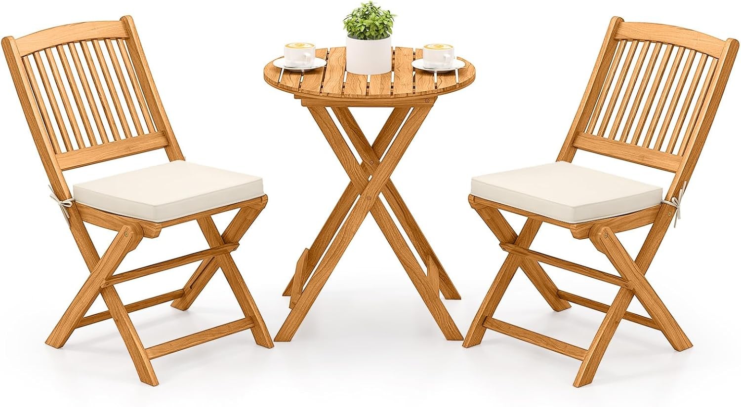 3 Pieces Acacia Wood Patio Folding Bistro Set Outdoor Table & Chairs Set W/ Soft