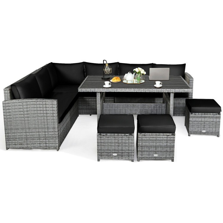 7PCS Patio Outdoor Garden Sectional Furniture Rattan Sofa Set with Dining Table