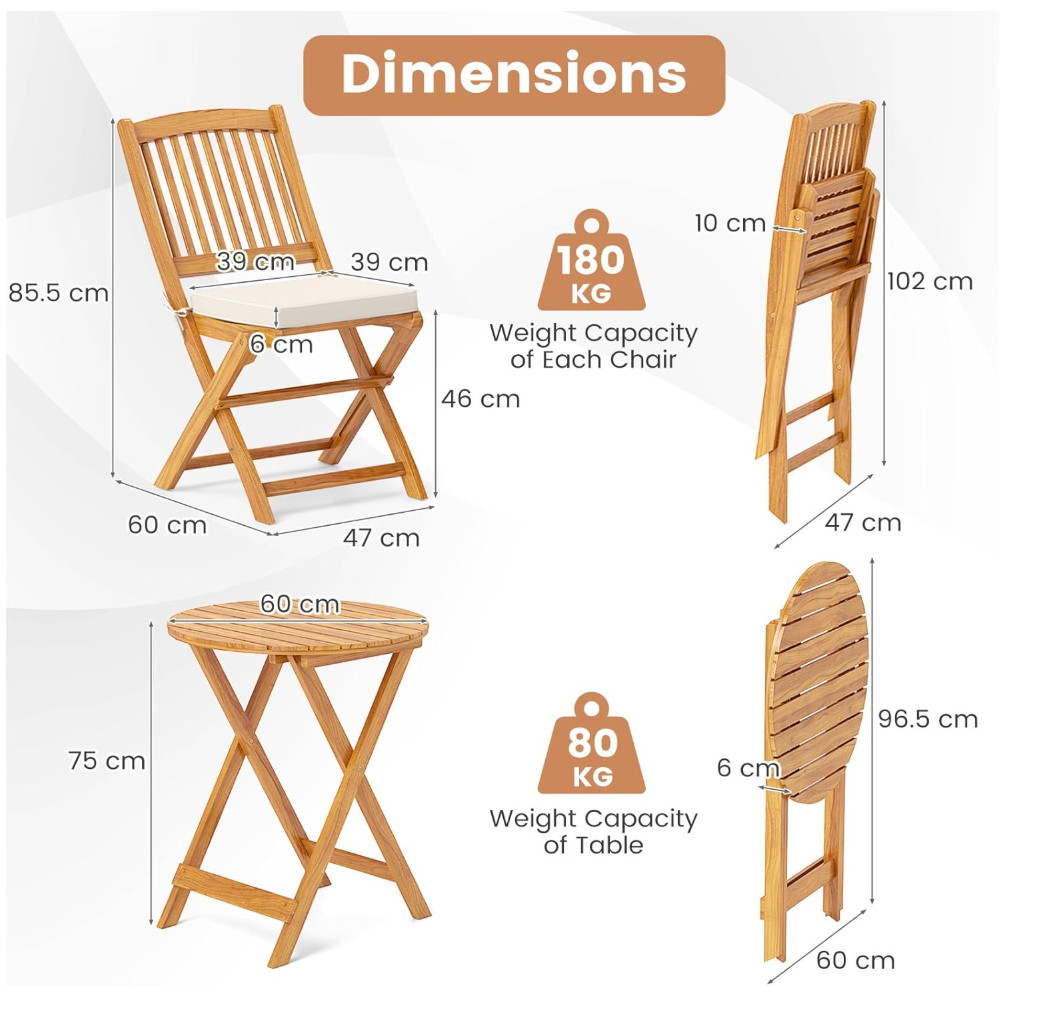3Pcs Patio Bistro Set,Wood Folding Table Set, 2 Cushioned Chairs for Garden Yard