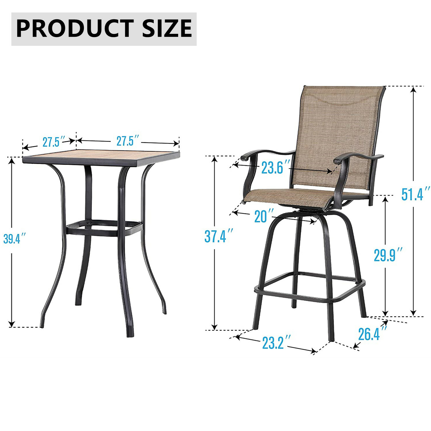 Patio Bar Table Chair Set Swivel Bar Height Chair Bar Chairs Outdoor Stools 5PCS