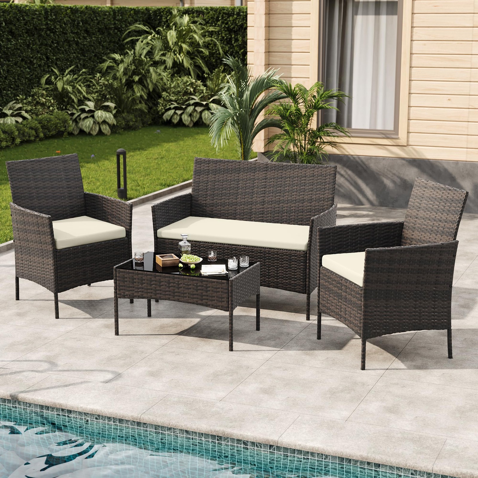 4 Piece Outdoor Patio Bar Set Wicker Rattan Furniture 2 Chairs Loveseat Table