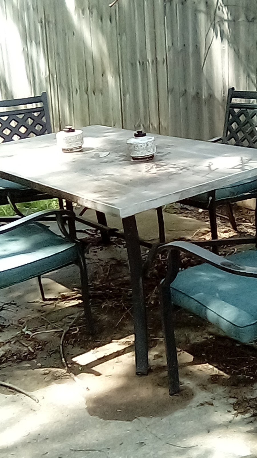 Metal Patio Table & 4 Chairs Set, Blue Cushions, Black & Gray, 5-Piece