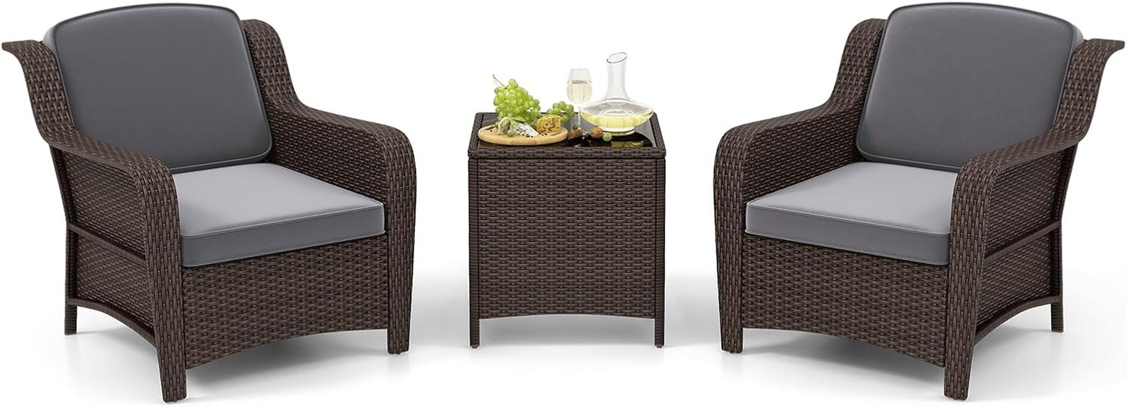 3 Pieces Outdoor Patio Furniture Set, Patiojoy PE Rattan Wicker Chairs with Cush