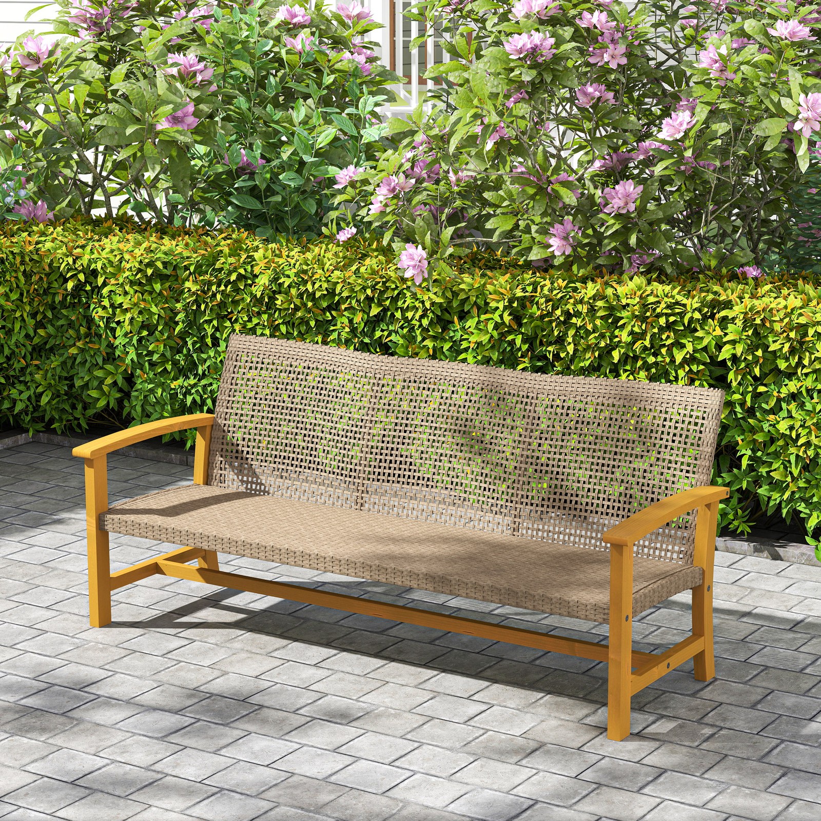 3-Seat Wicker Outdoor Patio Sofa Couch Teak PE Wicker Acacia Wood