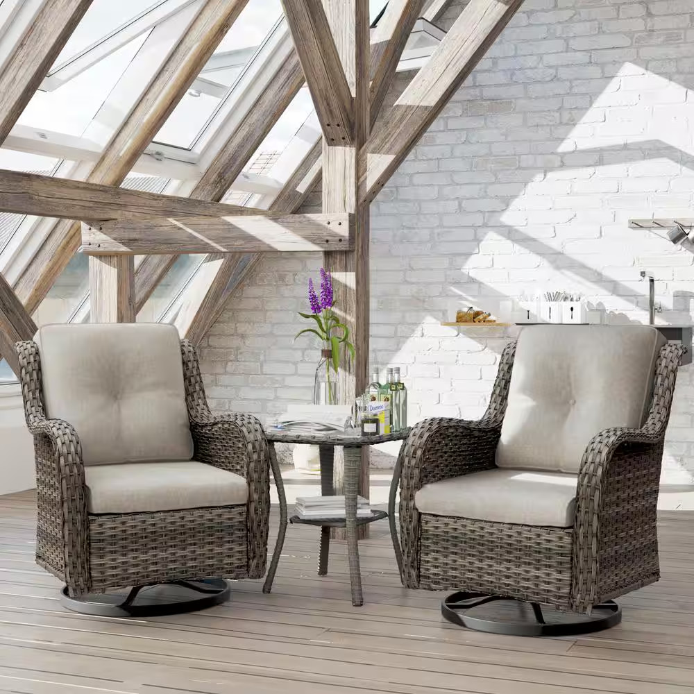 3-Piece Wicker Swivel Outdoor Rocking Chairs Patio Conversation Set with Beige C