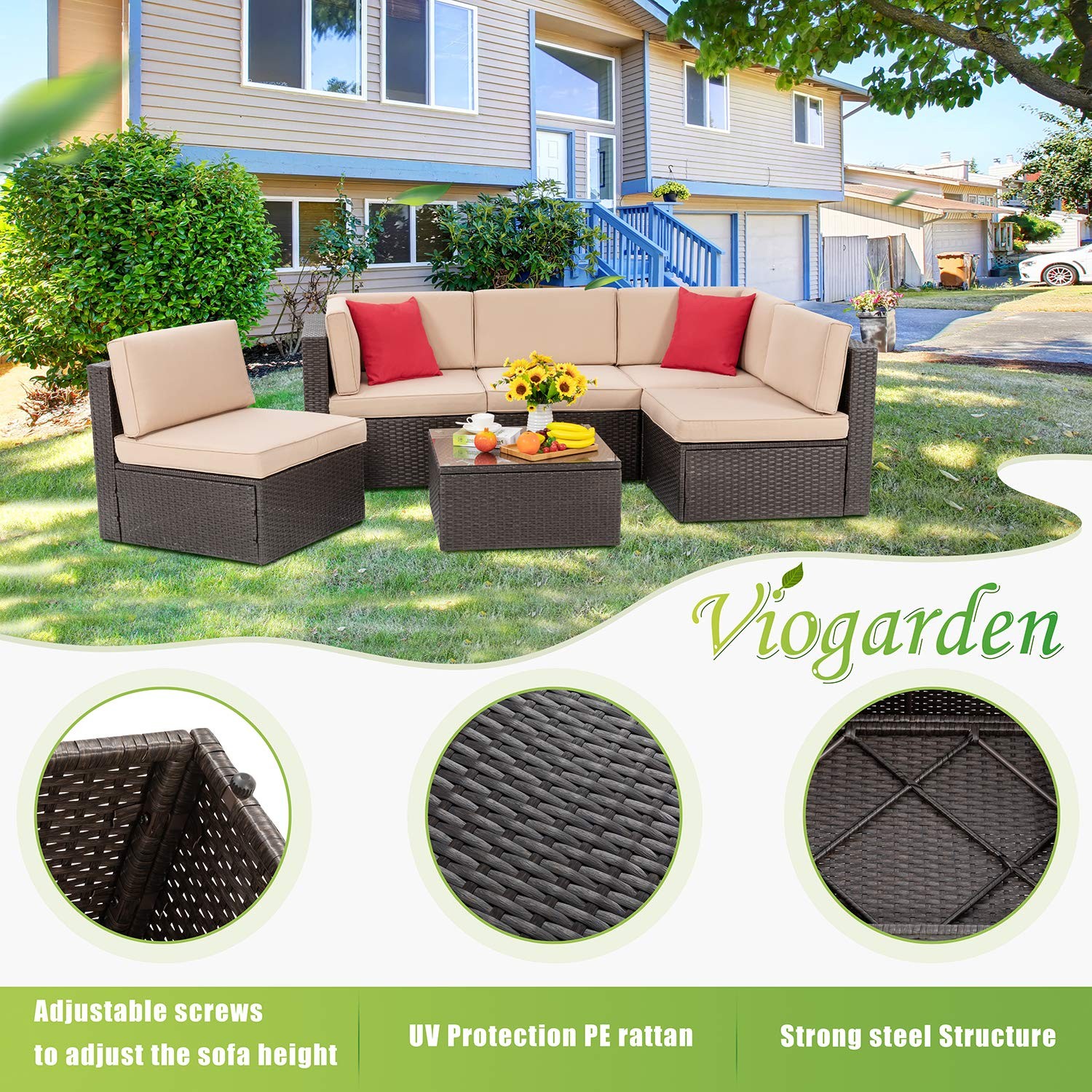 Vongrasig 6 Piece Patio Furniture Set, Small Outdoor 6 Pieces, Beige
