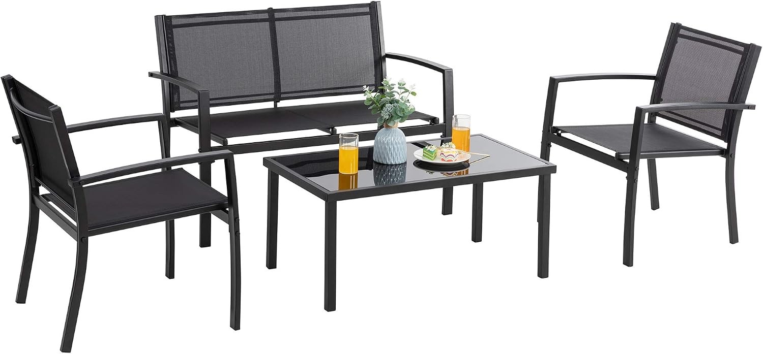 4 Pieces Patio Furniture Sets Outdoor Patio Conversation Sets with Glass Coffee