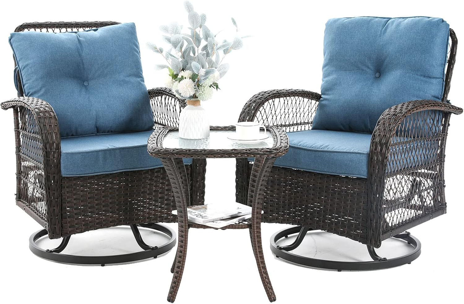 3 Pieces Patio Furniture Set, Outdoor Swivel Glider Rocker, Wicker Patio Bistro