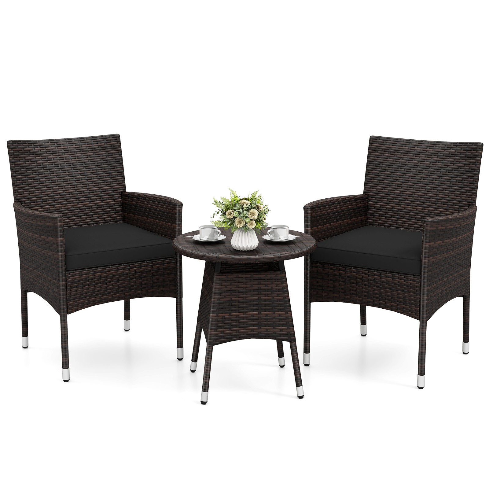 3 Piece Patio Furniture Set, Hand-Woven PE Wicker Conversation Set w/Armchairs