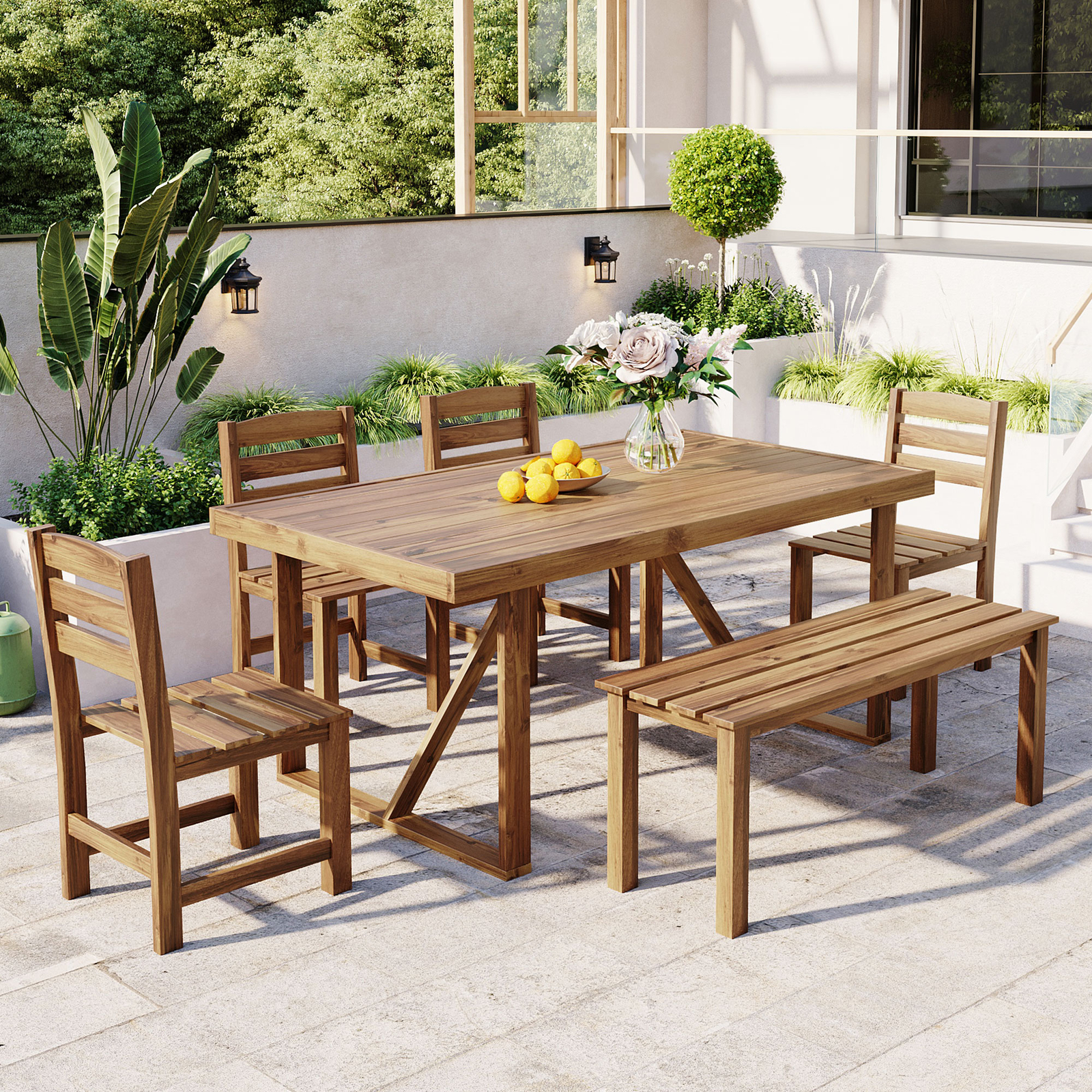 6Pieces Patio Furniture Dining Set Acacia Wood Outdoor Table and Chairs Backyard