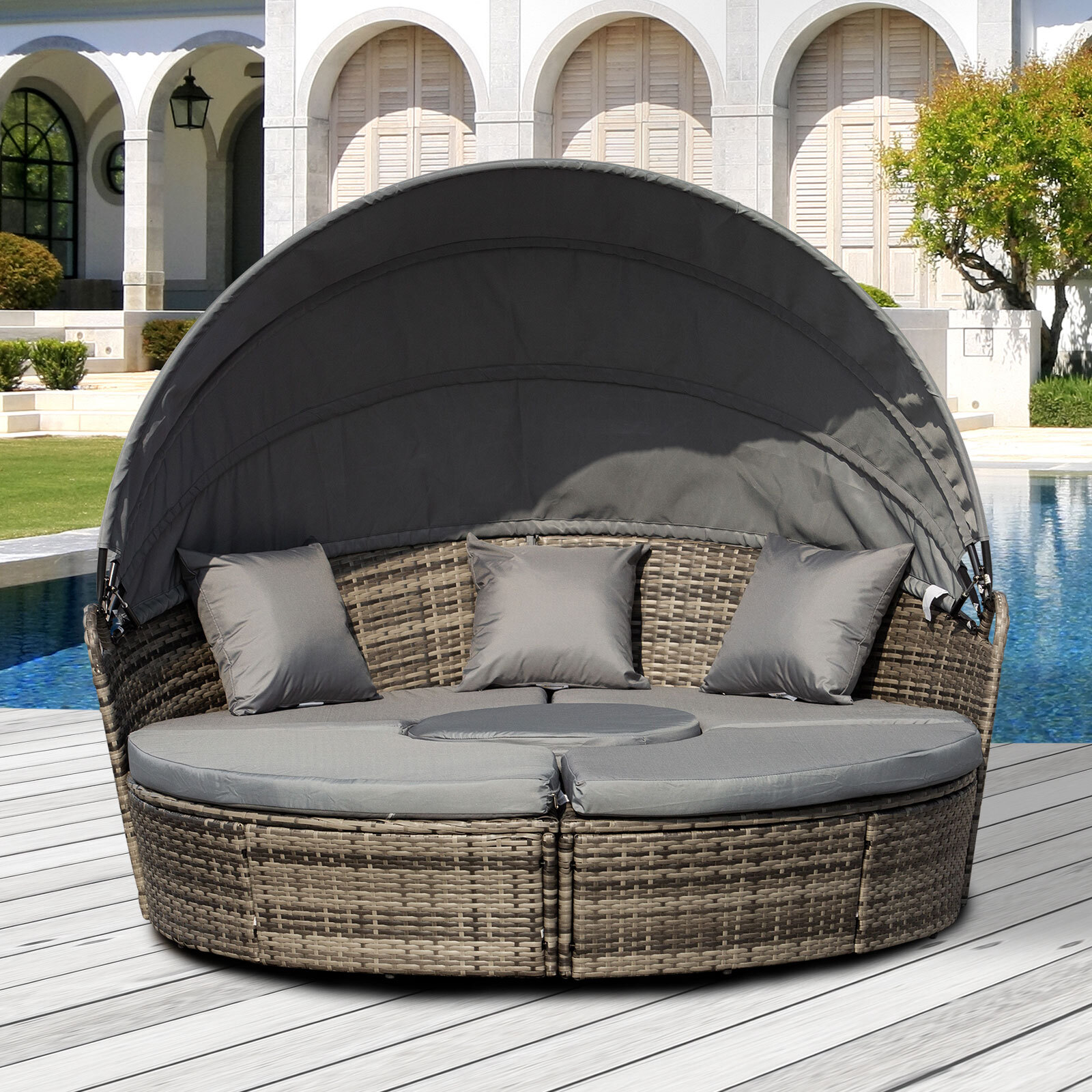 Outdoor Convertible Daybed, 4pc Furniture Set, Sofa, Coffee Table, Chairs, Beige