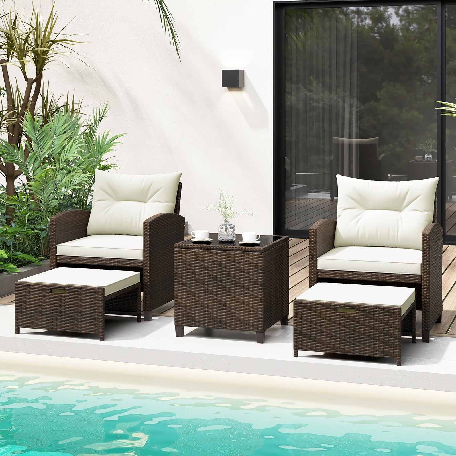5 Pieces Patio Conversation Set, PE Wicker Outdoor Furniture Set with 2 Chair…