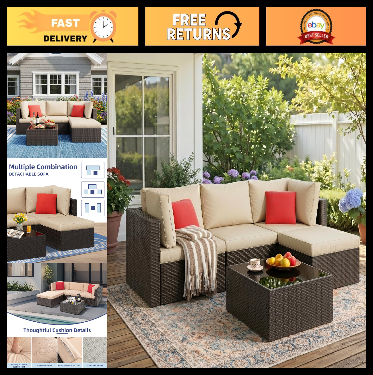 5-Piece Outdoor Patio Furniture Set, Sectional Sofa & Ottoman, All-Weather Ratta