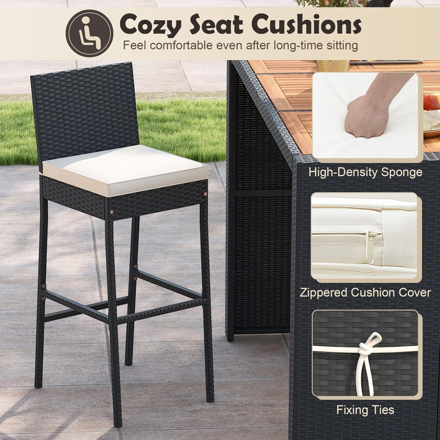 Stylish 7-Piece Wicker Bar Set with Acacia Table & 6 Rattan Stools