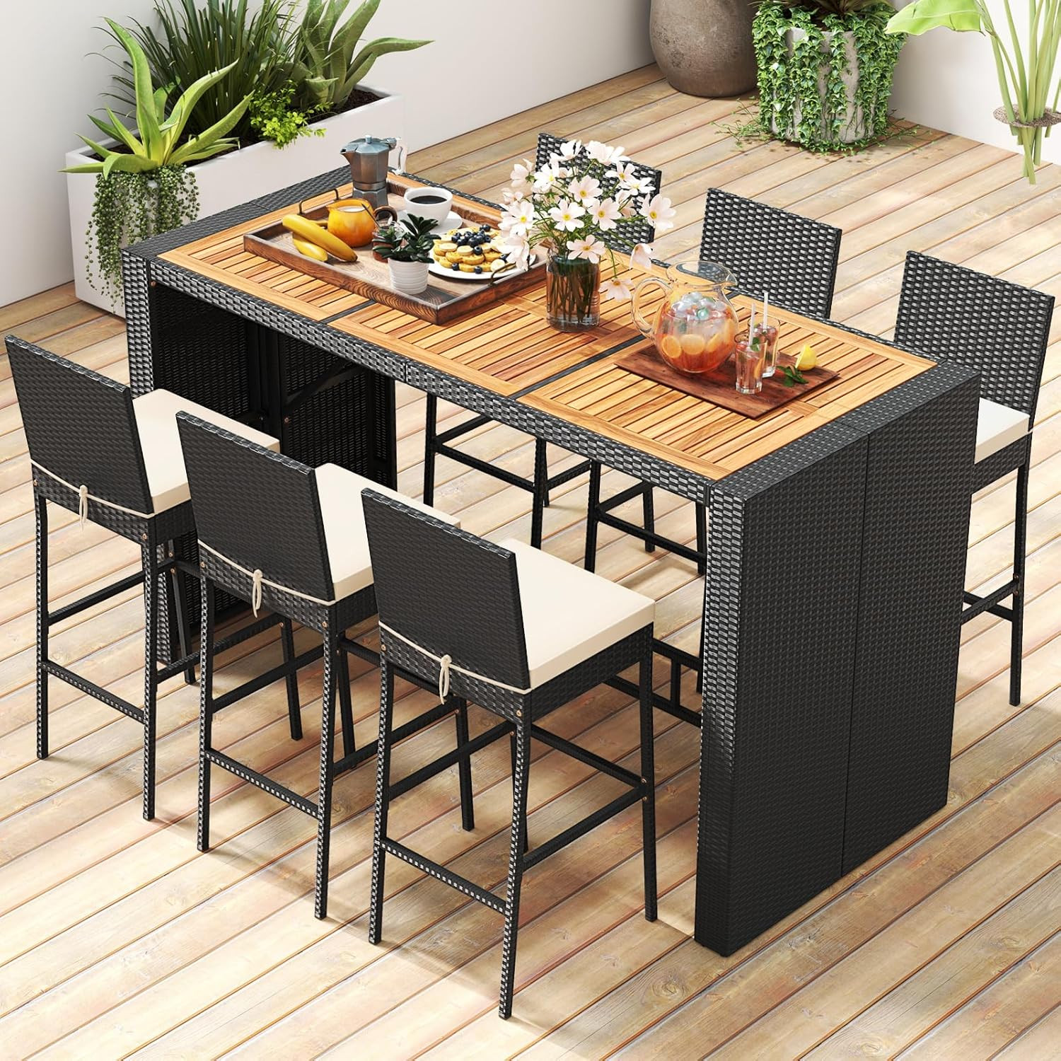 Stylish 7-Piece Wicker Bar Set with Acacia Table & 6 Rattan Stools