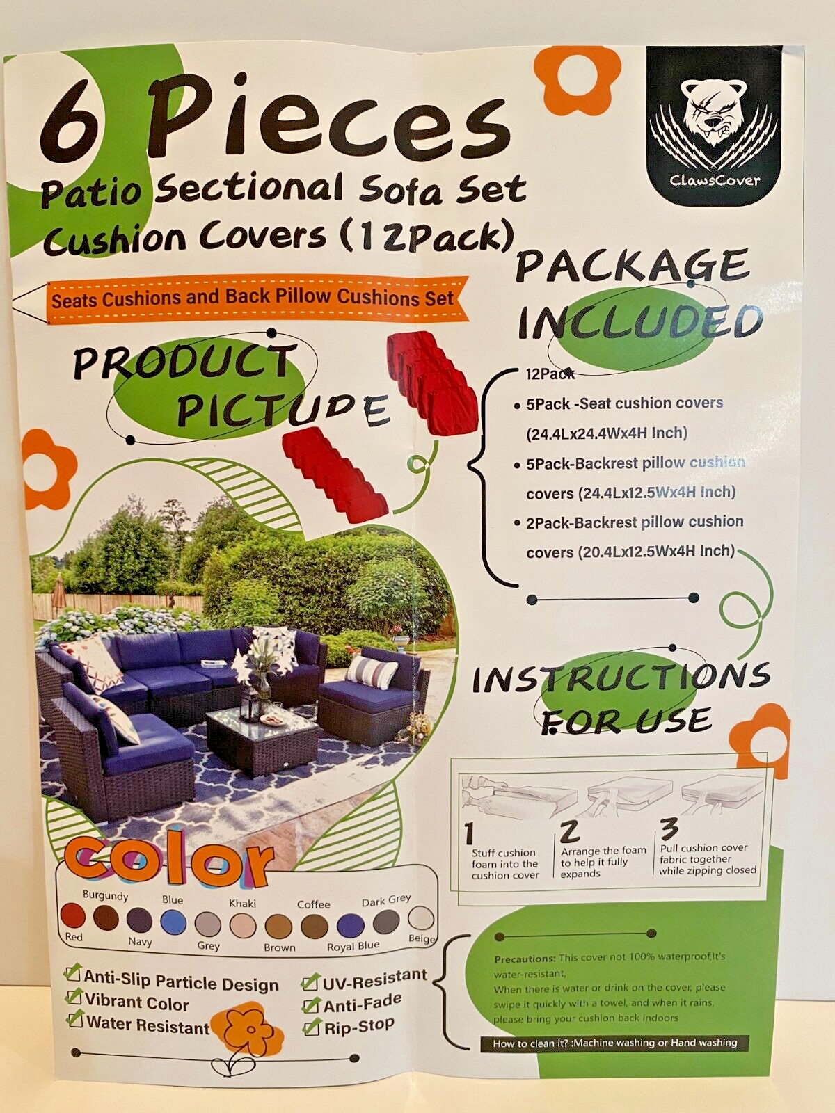 6 Pices Patio Sectional Sofa Set Cushion Covers (12 Pack)
