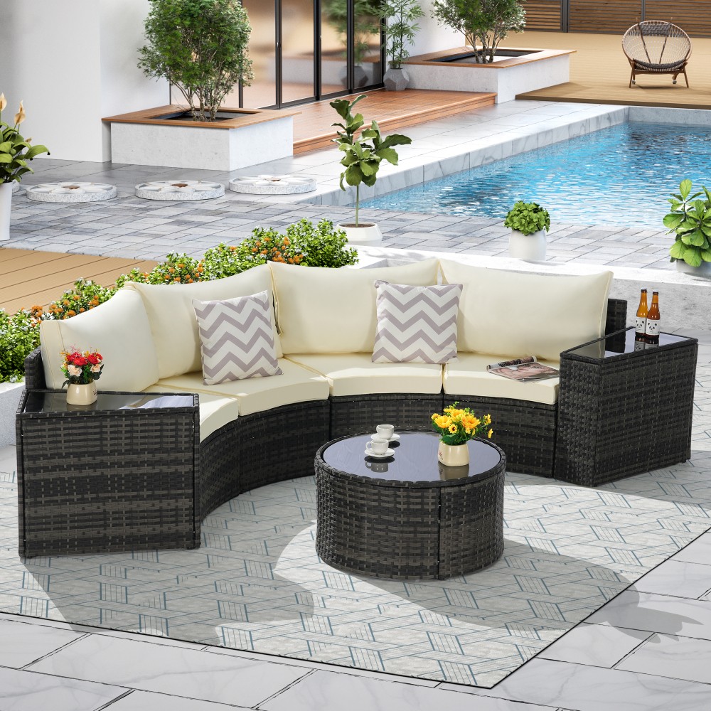 7-Piece Half-Moon Conversation Rattan Patio Set Curved Outdoor Sofa with Table