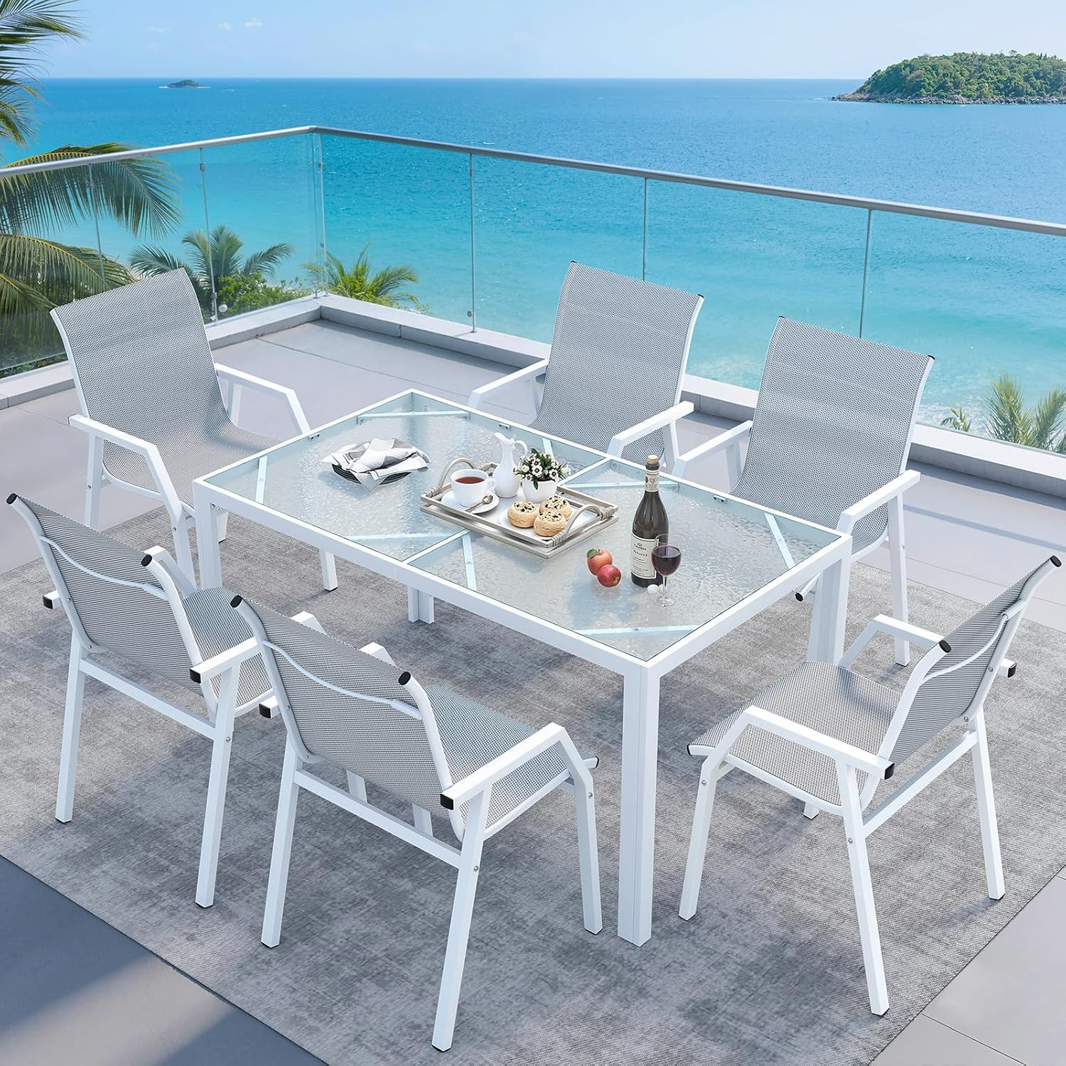 7-Piece Outdoor Dining Set for 6 – 59″ Table & Textilene Chairs, All-Weather