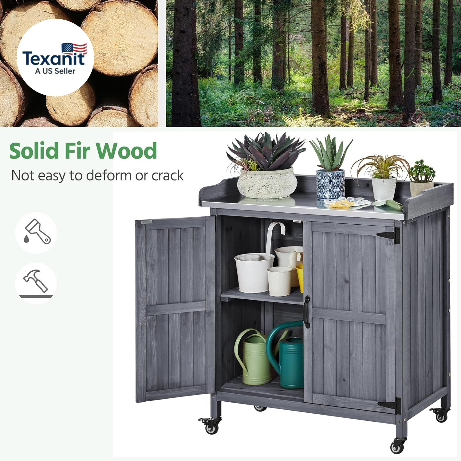 Garden Potting Bench Table, Outdoor Garden Horticultural Wooden Storage Cabinet