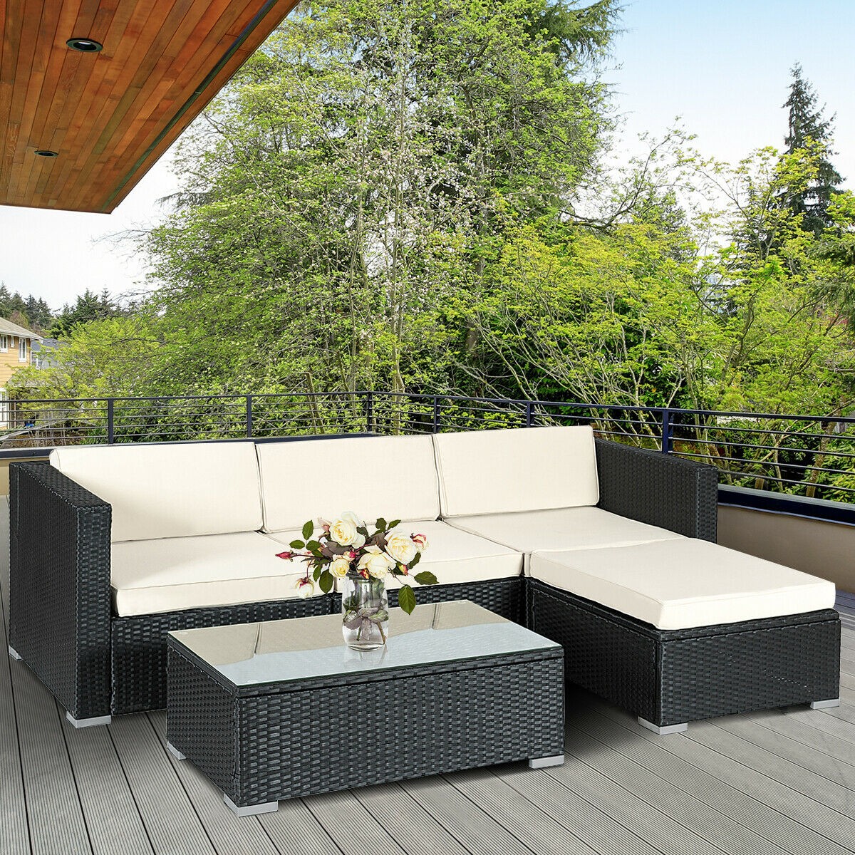 5 PCS Patio Furniture Set Rattan Wicker Table Shelf Garden Sofa W/ Cushion Black