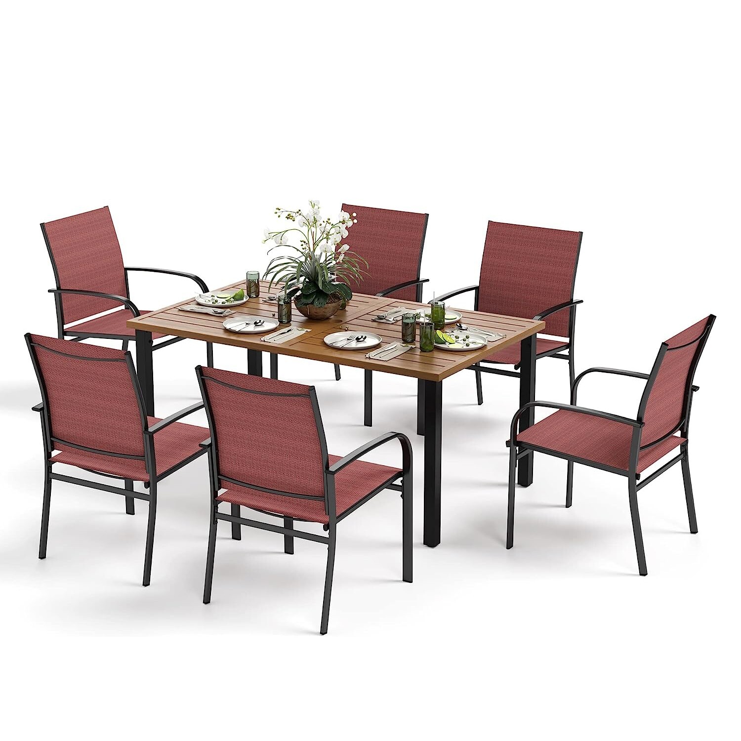 7 Piece Patio Furniture Set Outdoor Dining Set with 6 Chairs Rectangle Table Red