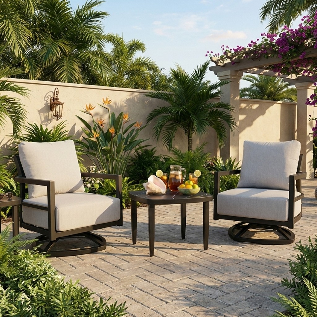 Modern Aluminum Patio Set 2 Swivel Chairs & 23.6″ Side Table