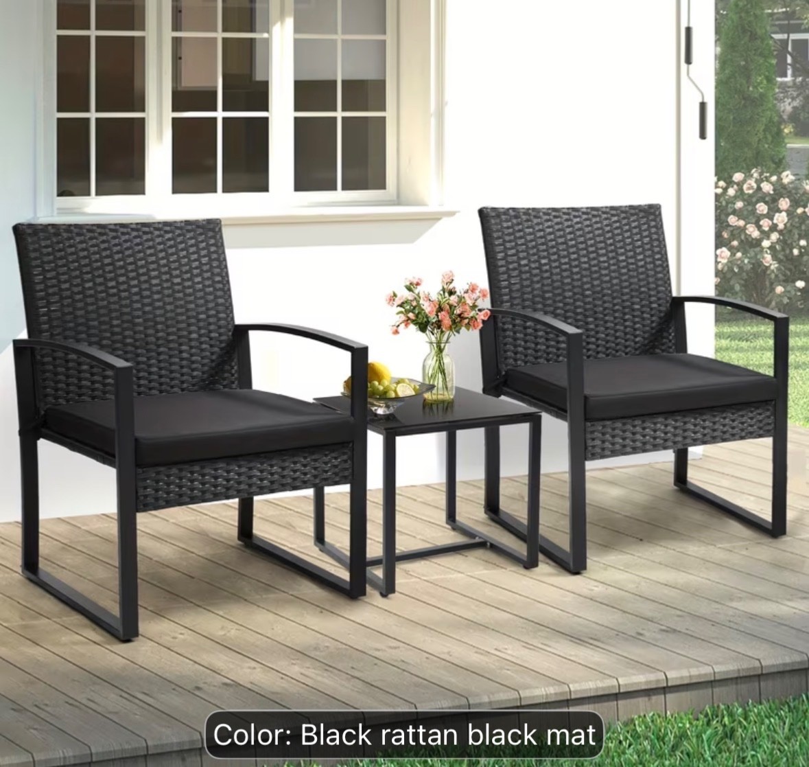 3pcs Rattan Bistro Set, 2 Chairs & 1 Safety Glass Top Table, with Plush Cushions