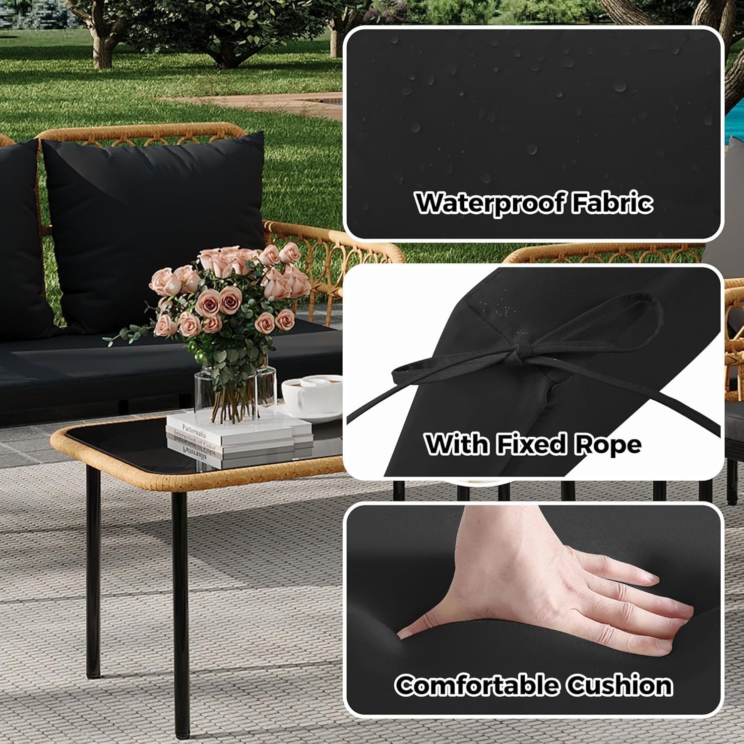 4 Piece Outdoor Patio Furniture Set, All-Weather Wicker Table and Chair Set Set