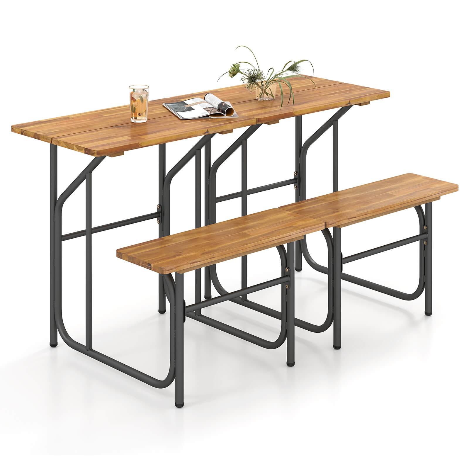 2PCS Patio Table Bench Set Picnic Table & Seat w/ Acacia Wood Top Metal Legs