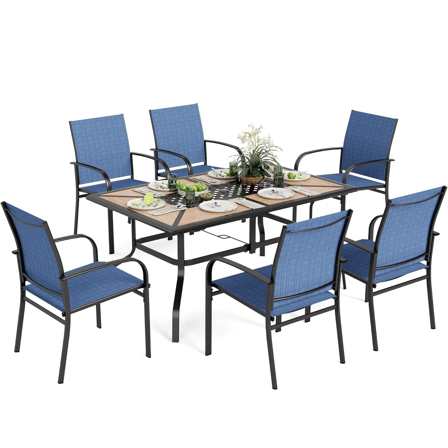 7 Piece Patio Dining Set Outdoor Table Chairs Set with Umbrella Hole Blue